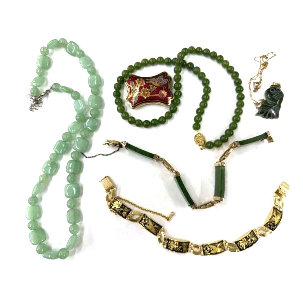 Vintage Carved Jade Fish Pendant Necklace, Jade and Maple Leaf Bracelet and More